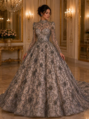 Broderie premium pe tul cu margele si cristale Antique Gold on Nude, latime 140 cm - Model A1588