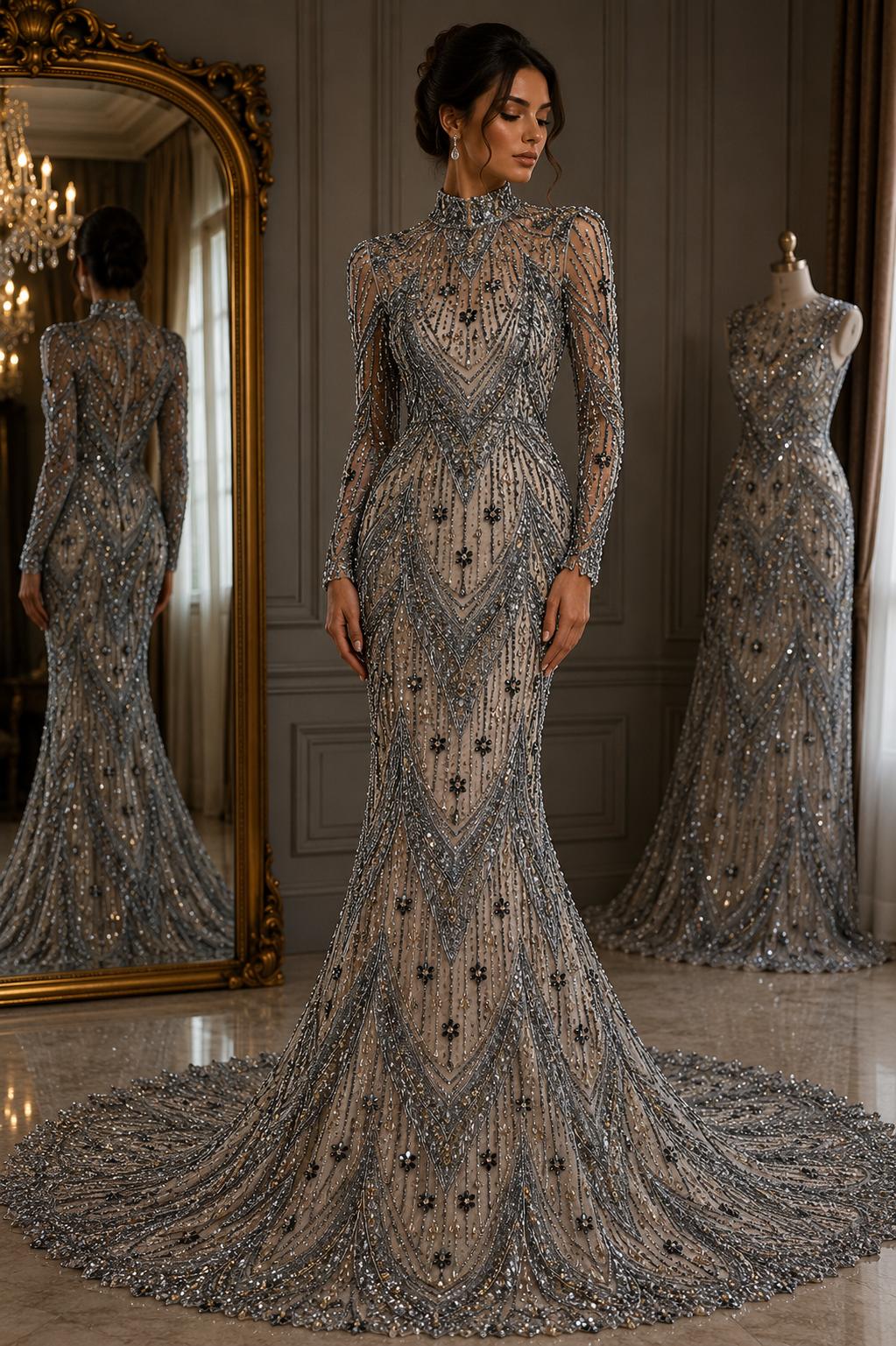 Broderie premium pe tul gri Model SJT 1375, 140 cm, la metru cu cristale, paiete si margele – Design Luxury Couture