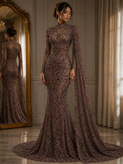 Broderie premium pe tul maro prafuit Model SJT 1360, 140 cm, cu margele, paiete și cristale – Design Luxury Couture