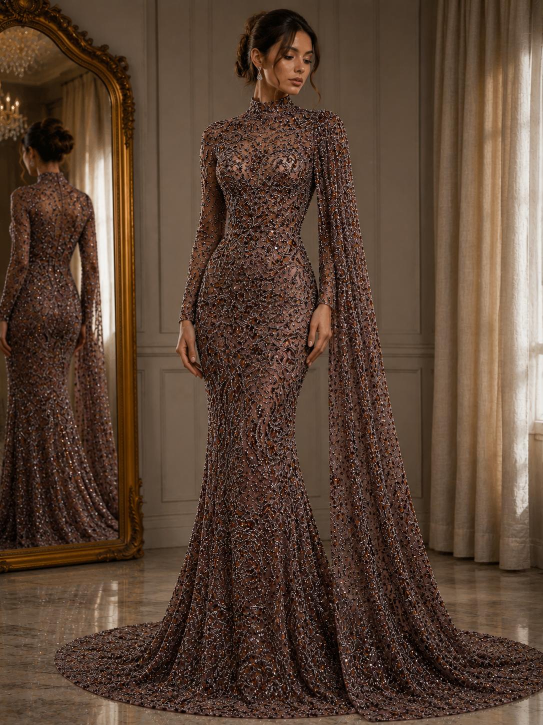 Broderie premium pe tul maro prafuit Model SJT 1360, 140 cm, cu margele, paiete și cristale – Design Luxury Couture