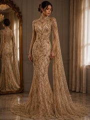 Broderie premium pe tul nude Model AI 642, 140 cm, la metru cu cristale aurii si margele – Design Floral Luxury Couture