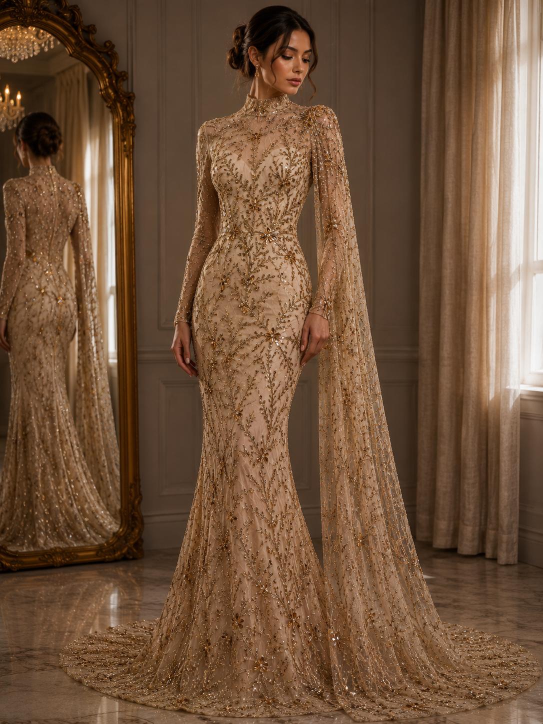 Broderie premium pe tul nude Model AI 642, 140 cm, la metru cu cristale aurii si margele – Design Floral Luxury Couture