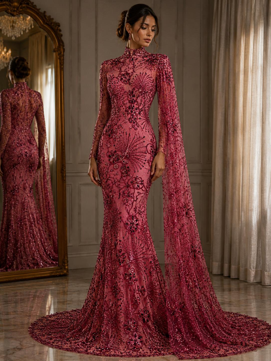 Broderie premium pe tul roșu bordo Model JI 3373, 140 cm, la metru,cu cristale si margele – Design Luxury Couture