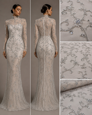 Broderie premium pe tull cu cristale, perle și margele 140cm/la metru J1 3381