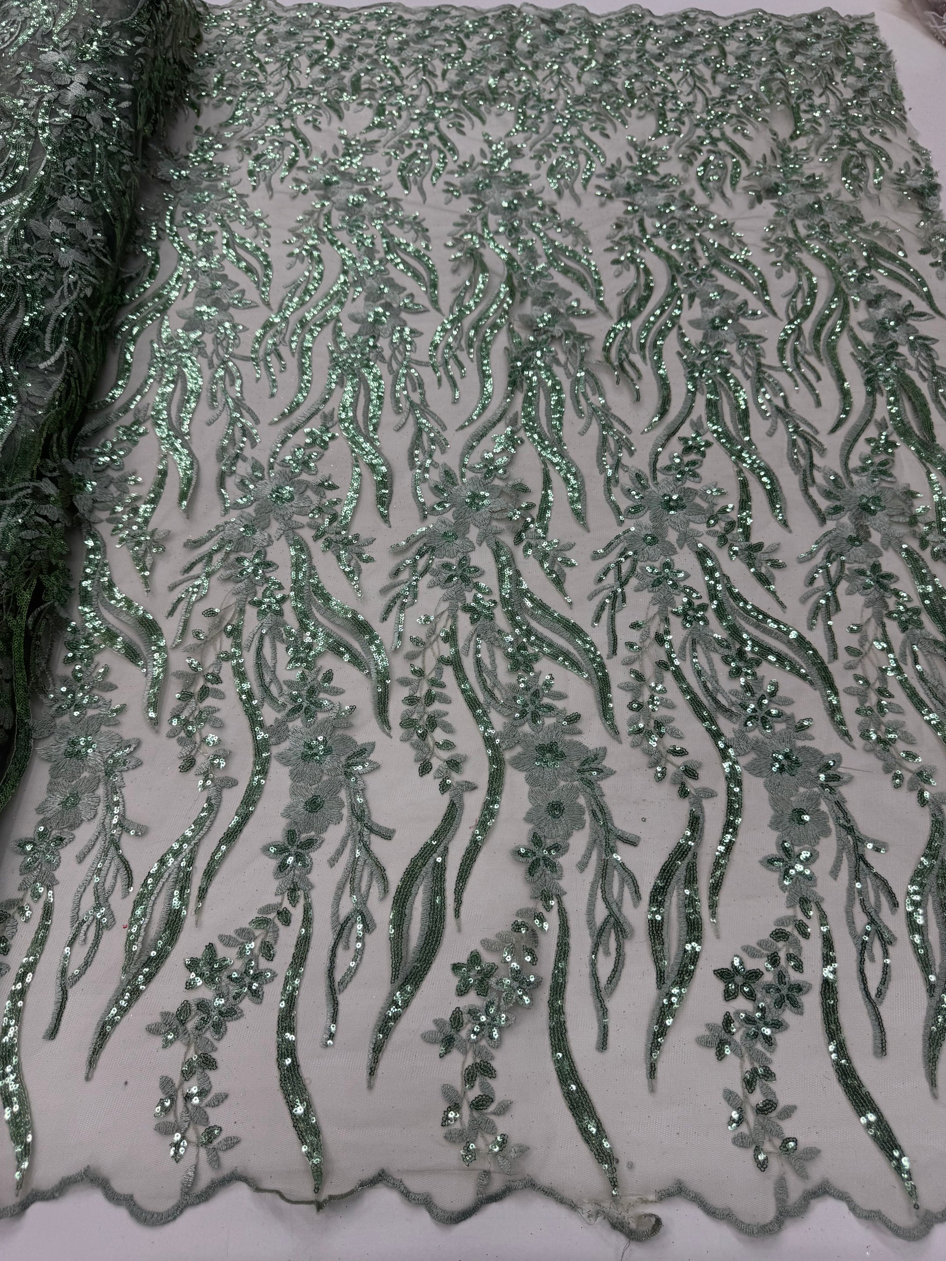 Broderie  premium verde salvie cu paiete – material elegant pentru rochii de ocazie 140cm/la metru