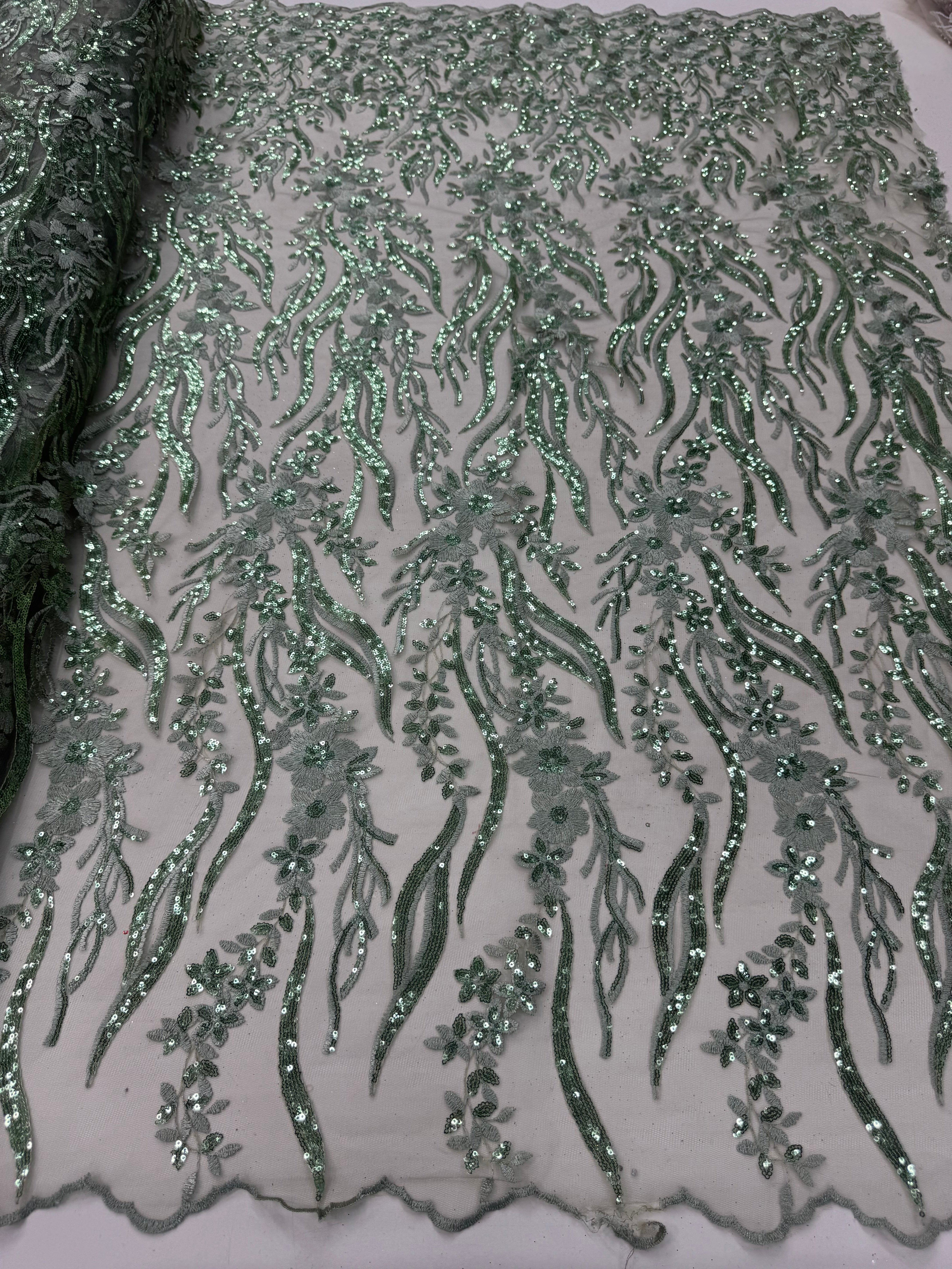 Broderie  premium verde salvie cu paiete – material elegant pentru rochii de ocazie 140cm/la metru