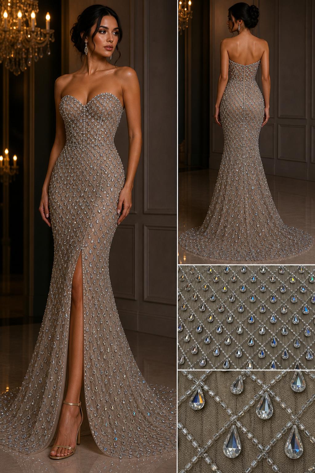 Broderie spectaculoasa cu pietre Swarovski tip lacrima pe tull nude  140 cm AB009