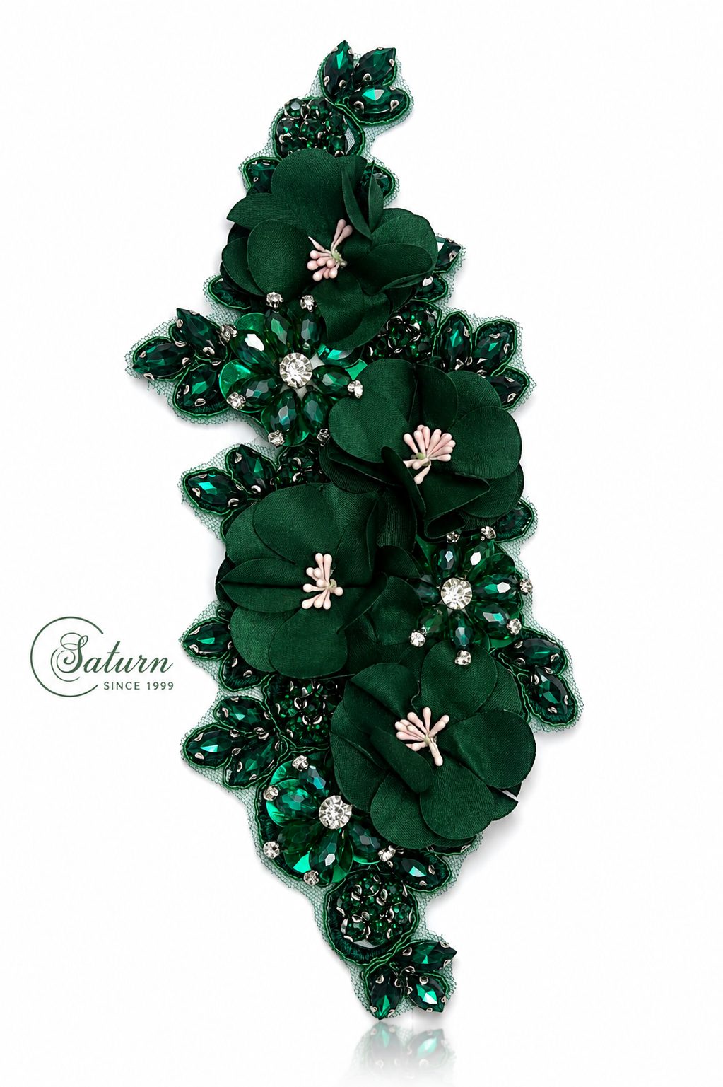 Aplicatie florala 3D cu cristale, 25x9 cm M948– decor elegant pentru rochii si evenimente