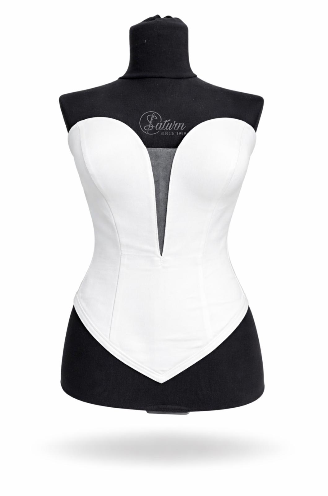 Corset dama din tafta elegant, tip sweetheart  M16 cu decolteu adanc in V alb mercerie saturn 