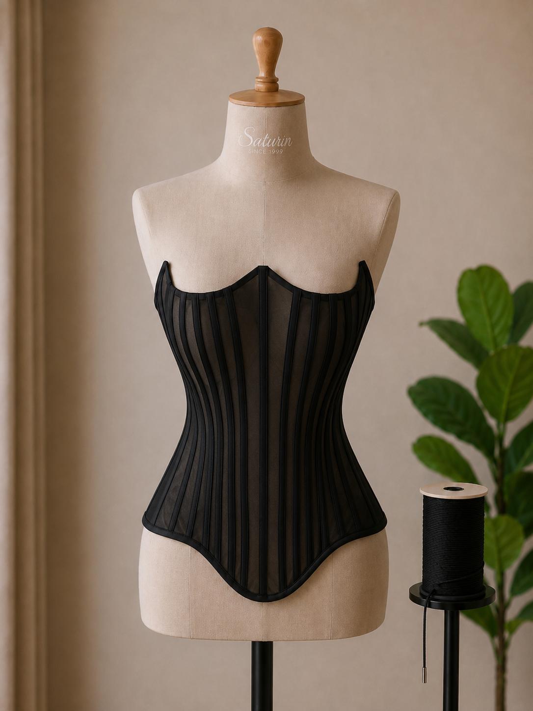 Corset dama transparent cu balene si snur reglabil – negru elegant