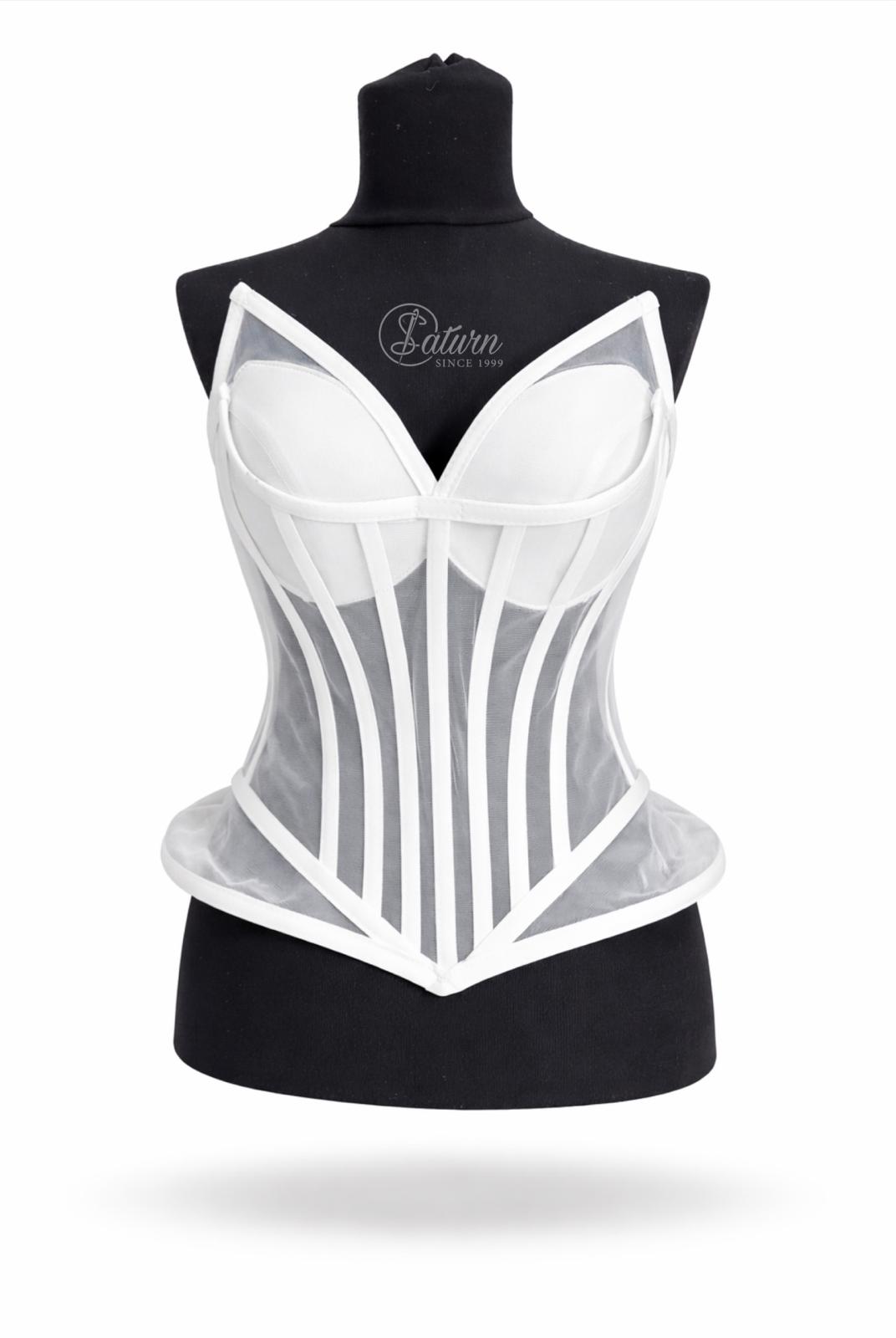 Corset din tulle transparent cu balene si cupe structurate – M15 elegant modelator alb mercerie saturn 