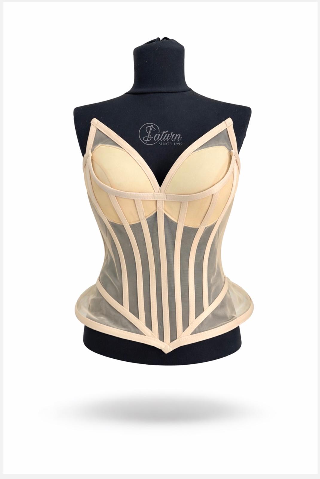 Corset din tulle transparent cu balene si cupe structurate – M15 elegant modelator bej mercerie saturn 