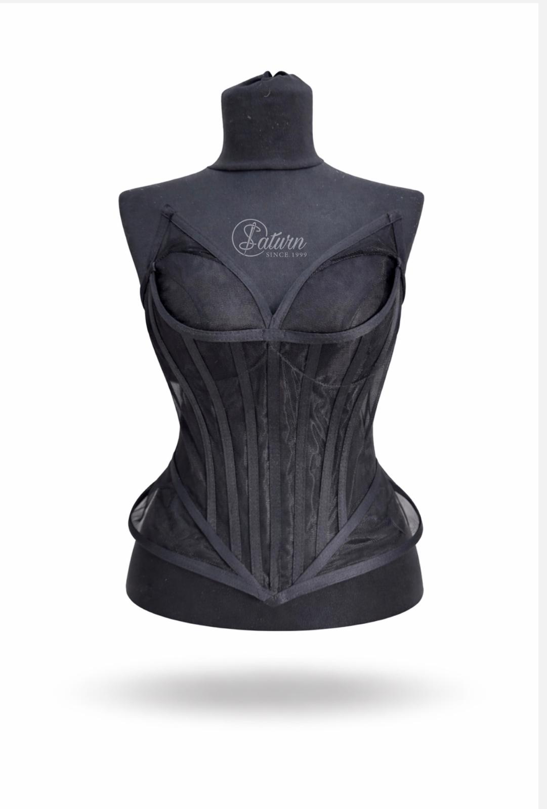 Corset din tulle transparent cu balene si cupe structurate – M15 elegant modelator negru mercerie saturn 