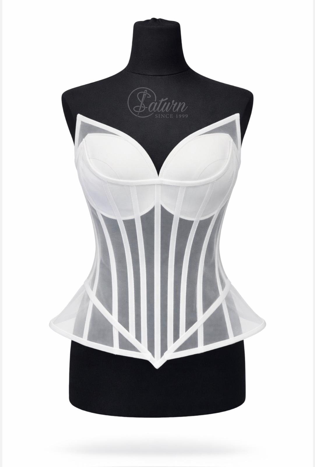 Corset in V dama M13 din tull transparent cu balene si push-up/Corset Modelator alb mercerie 