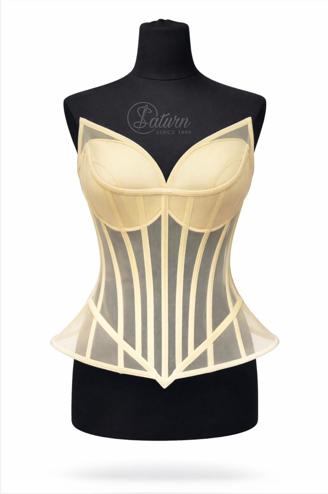 Corset in V dama M13 din tull transparent cu balene si push-up/Corset Modelator bej mercerie saturn 

