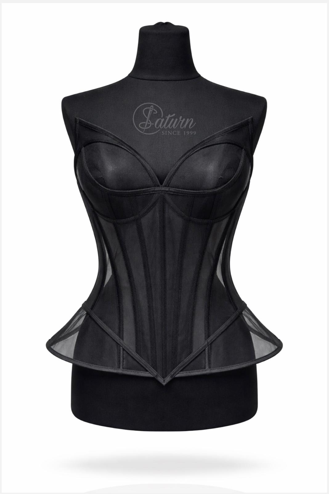 Corset in V dama M13 din tull transparent cu balene si push-up/Corset Modelator negru mercerie saturn 