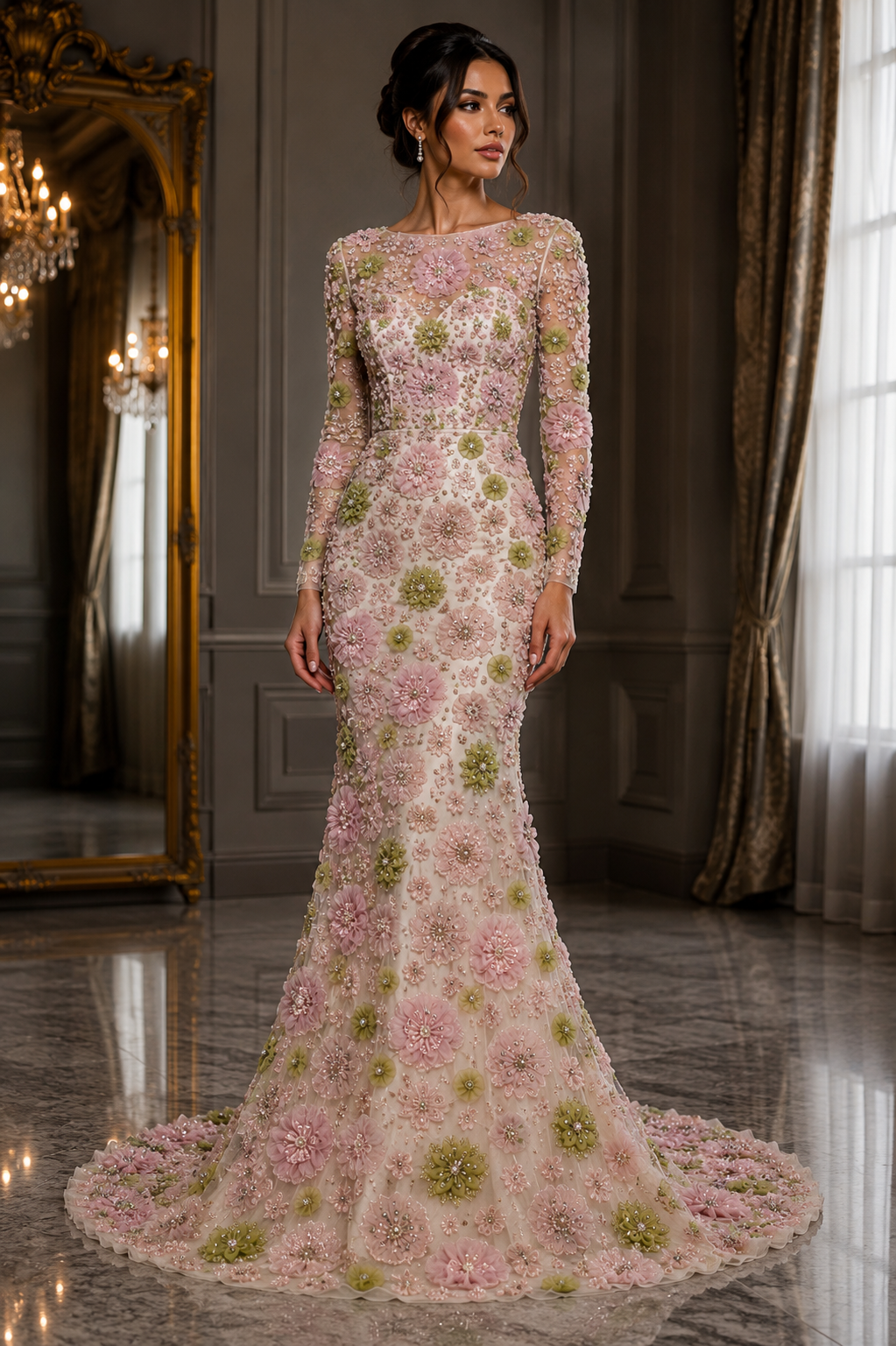 Broderie 3D premium pe tul Model K1985, latime 140 cm, cu flori aplicate, margele si cristale