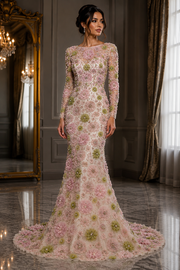 Broderie 3D premium pe tul Model K1985, latime 140 cm, cu flori aplicate, margele si cristale