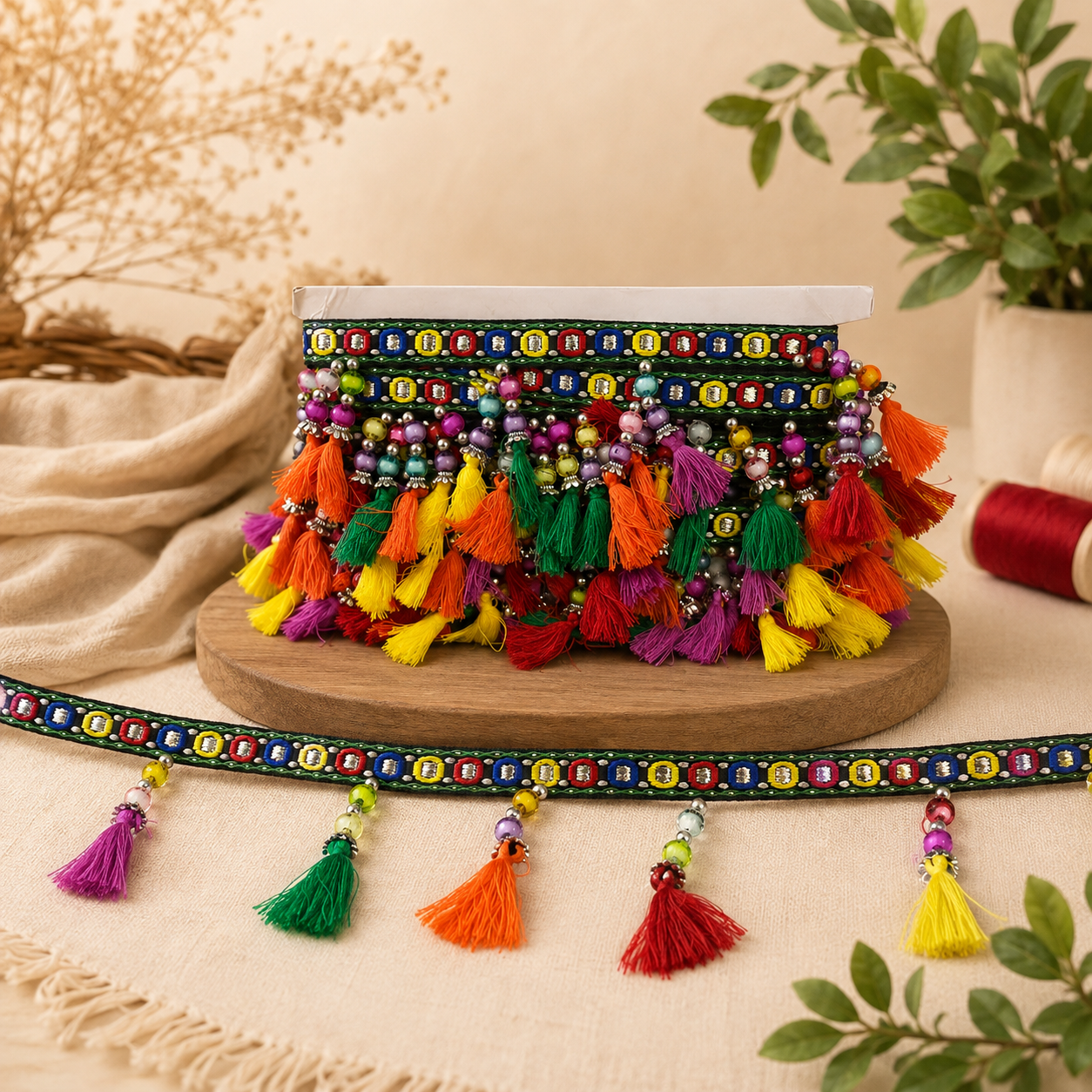 Banda cu Ciucuri si Margele Multicolore, 7,5 cm, Model AT 127
