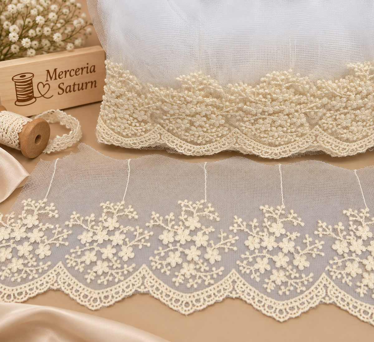 Dantela Brodata Pe Tulle Cu Flori Mici, 10cm,10 Yards Rola (9 Metri/Rola) Model #0101
