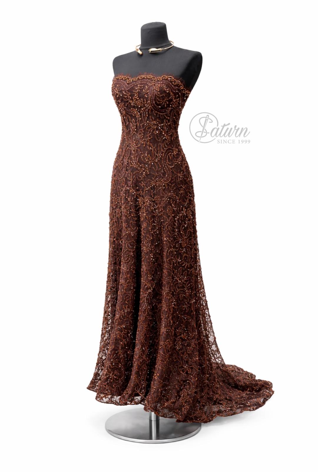 Dantela Chantilly / Broderie cu pietre si paiete GC104 latime 140 cm cupon 3 metri pentru rochii de seara si mireasa maro mercerie saturn