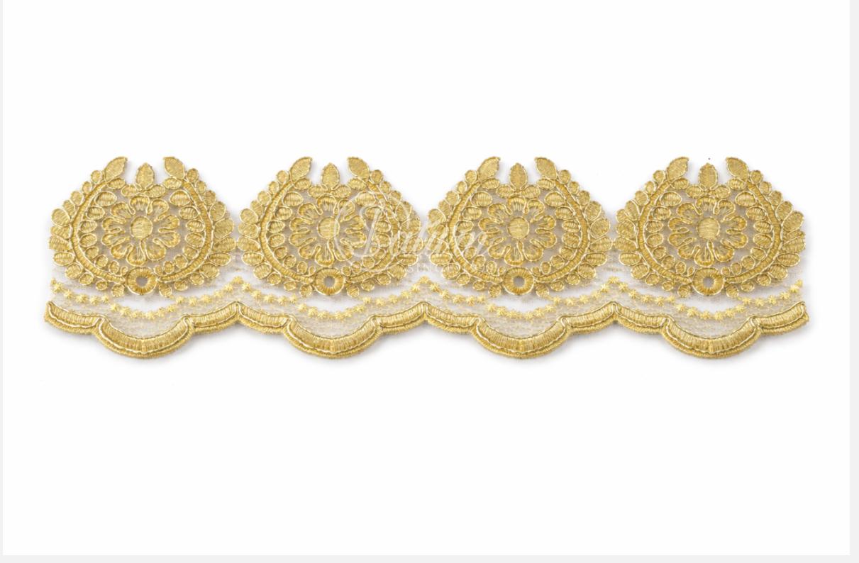 Dantela aurie brodata 9 cm – dantela decorativa premium pentru haine, biserica, decoratiuni – vanduta la metru mercerie satunr dantela brodata