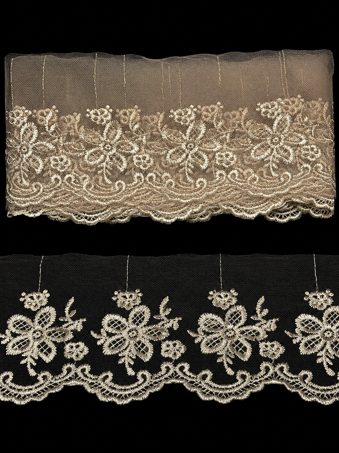 Dantelă brodată din fir de poliester cu model floral pe tulle fin ,Model 0087 , 9 cm , 10 Yards (9,14 metri\Rola)