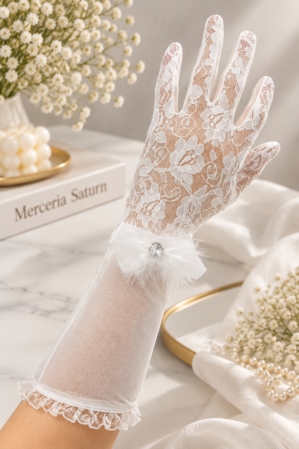 Manusi Albe Elegante din Dantela si Tulle cu Fundita si Stras – 40 cm
