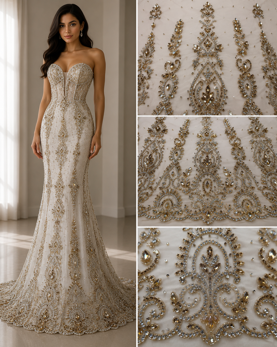 Broderie Ivory cu Cristale Champagne pe Tul 140cm latime/la metru J1 3197