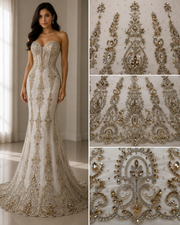 Broderie Ivory cu Cristale Champagne pe Tul 140cm latime/la metru J1 3197
