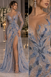 Broderie 3D cu flori, margele si cristale pe tul Sky Blue 140 cm\la metru – Model DB1505