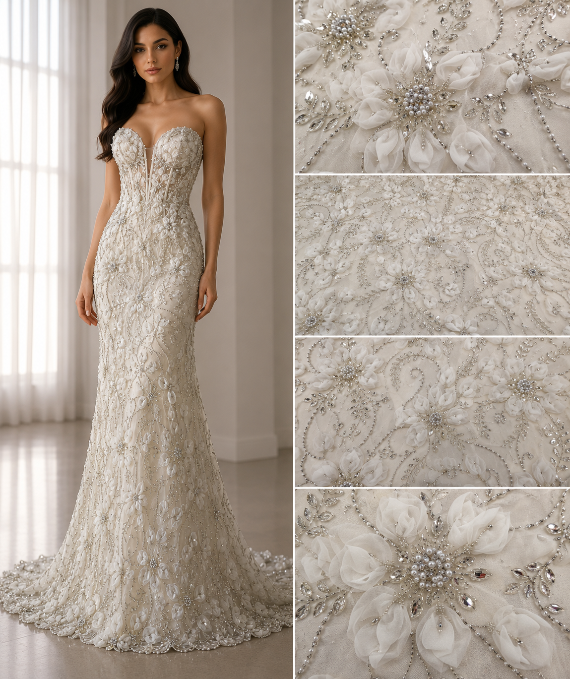 Broderie Ivory 3D cu Flori Organza si Cristale pe Tul Premium 140cm/la metru AI555