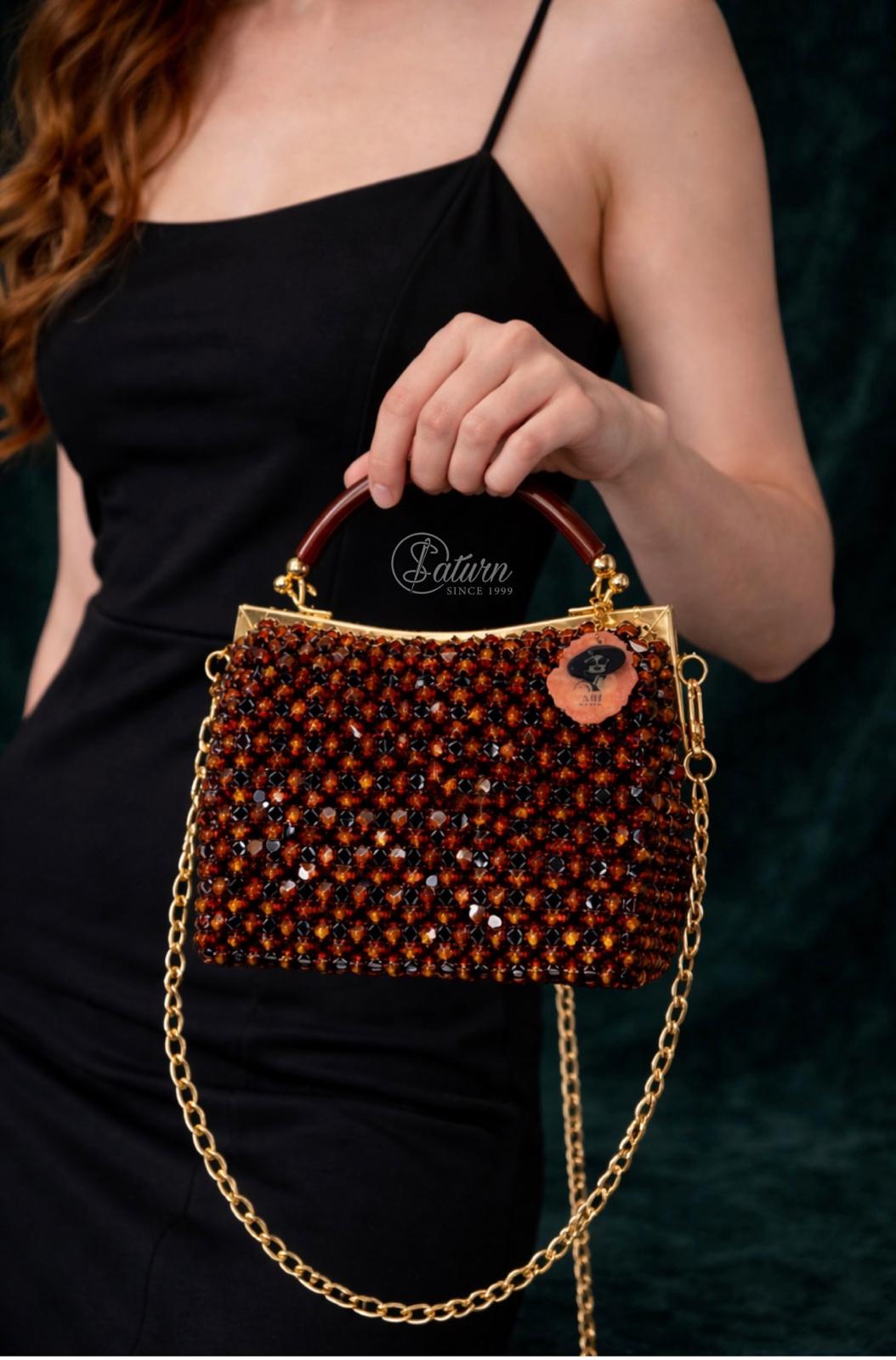 Geanta eleganta maro cu margele si lant auriu – model handmade vintage mercerie saturn 
