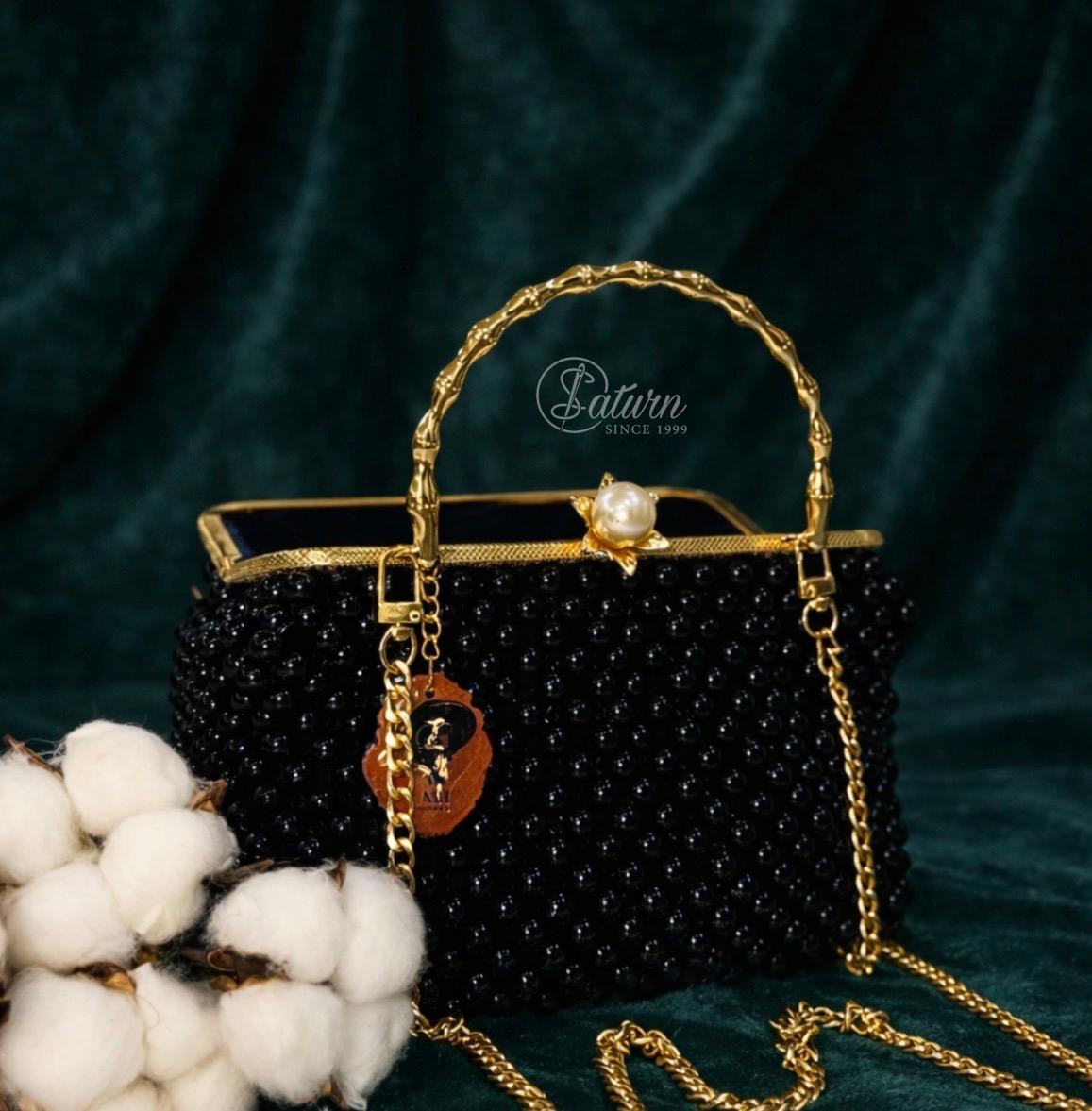 Geanta eleganta neagra cu margele si lant auriu – model handmade de ocazie mercerie saturn 