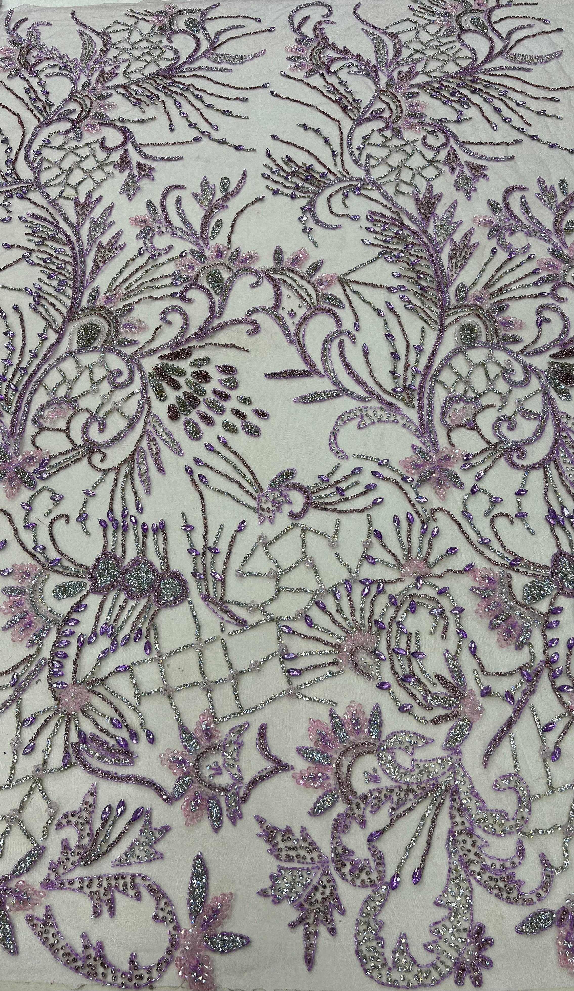 Broderie premium pe tull cu cristale si margele, design floral elegant, 140 cm\la Metru – Model JI 13444