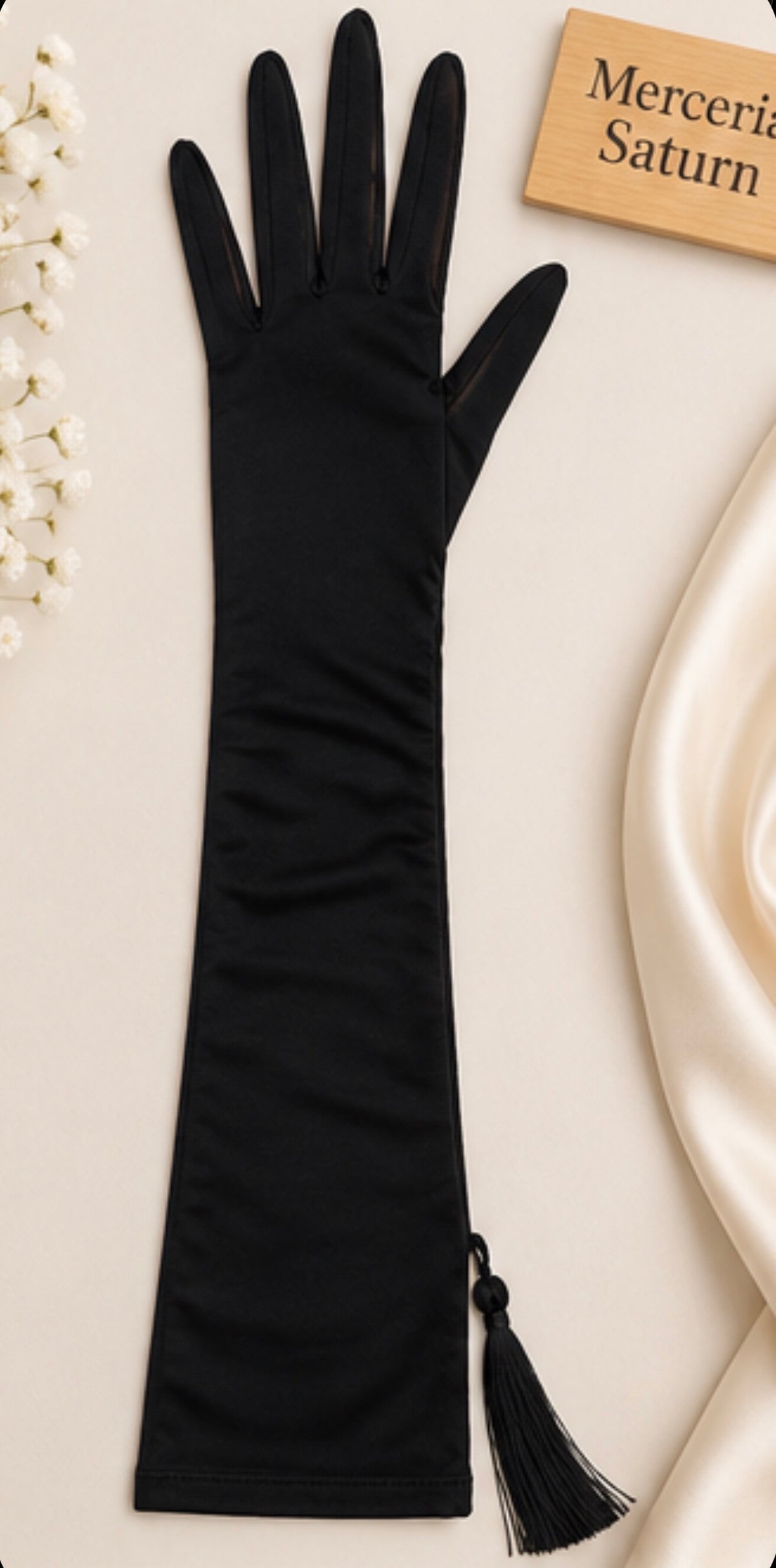 Manusi Negre Lungi Elegante cu Detalii Transparente si Ciucure Decorativ-aproximativ 40 cm