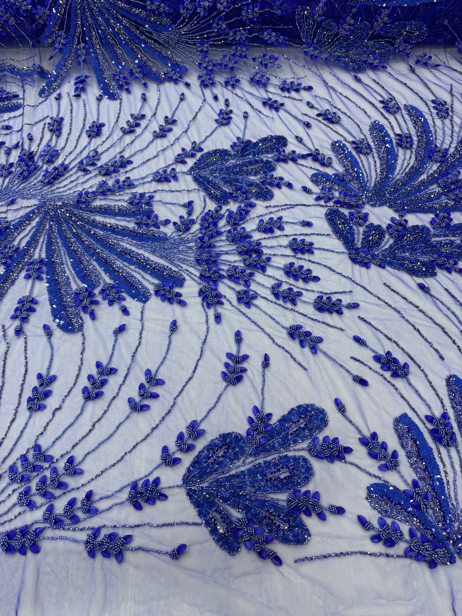 Broderie  Albastru Regal cu Paiete si Margele pe Tul Fin 140cm/la metru SJT1151