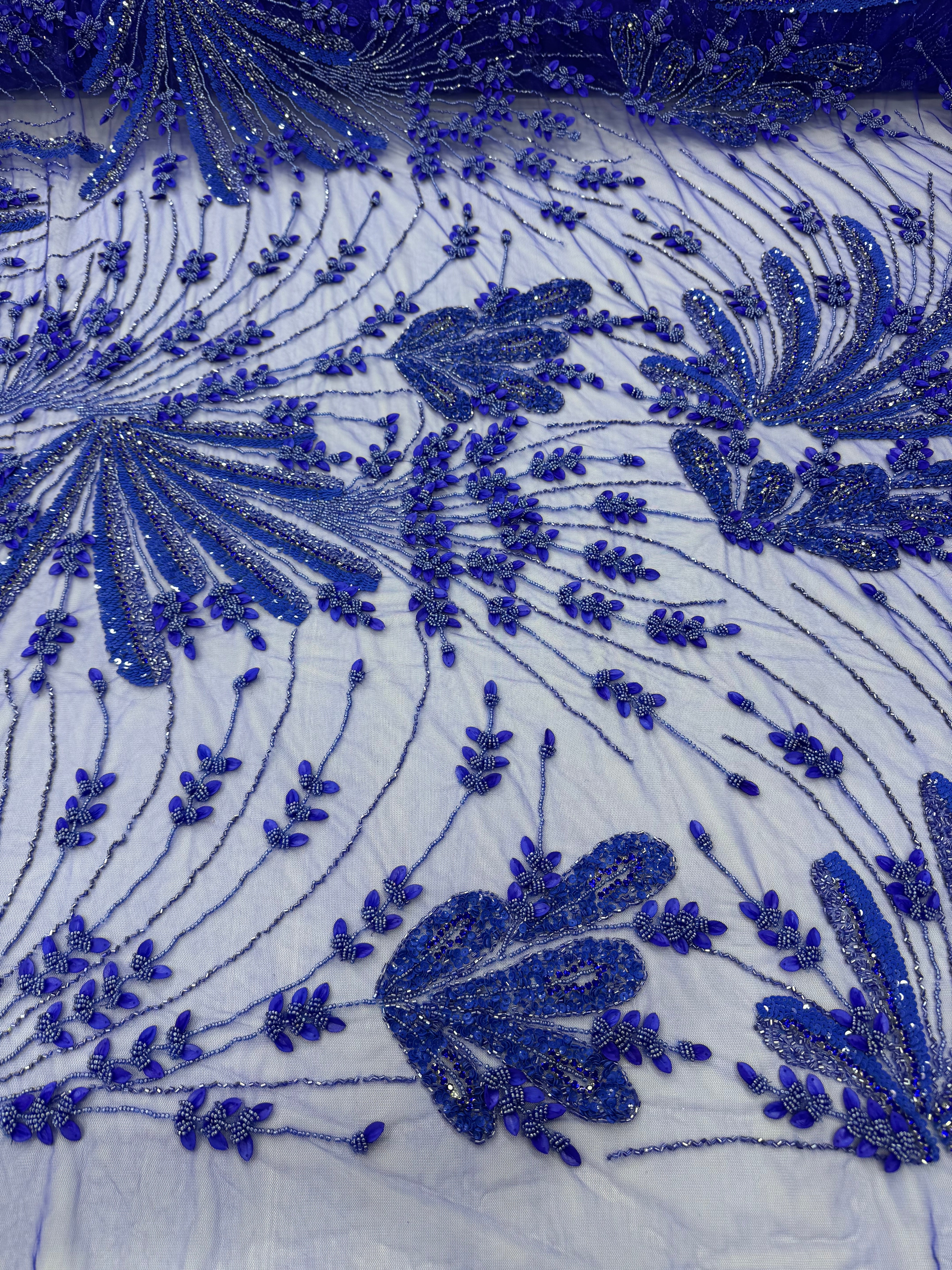 Broderie  Albastru Regal cu Paiete si Margele pe Tul Fin 140cm/la metru SJT1151