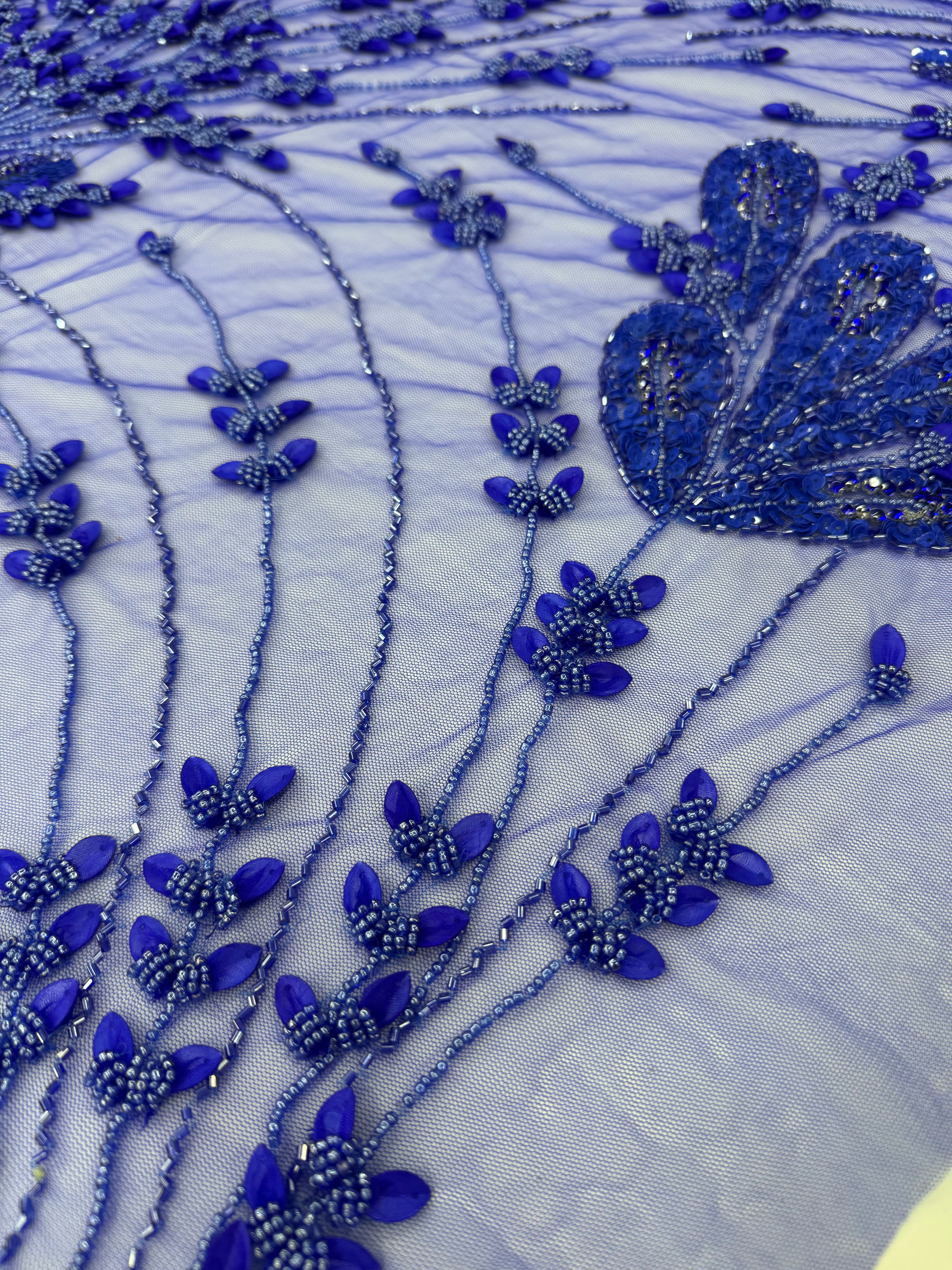 Broderie  Albastru Regal cu Paiete si Margele pe Tul Fin 140cm/la metru SJT1151