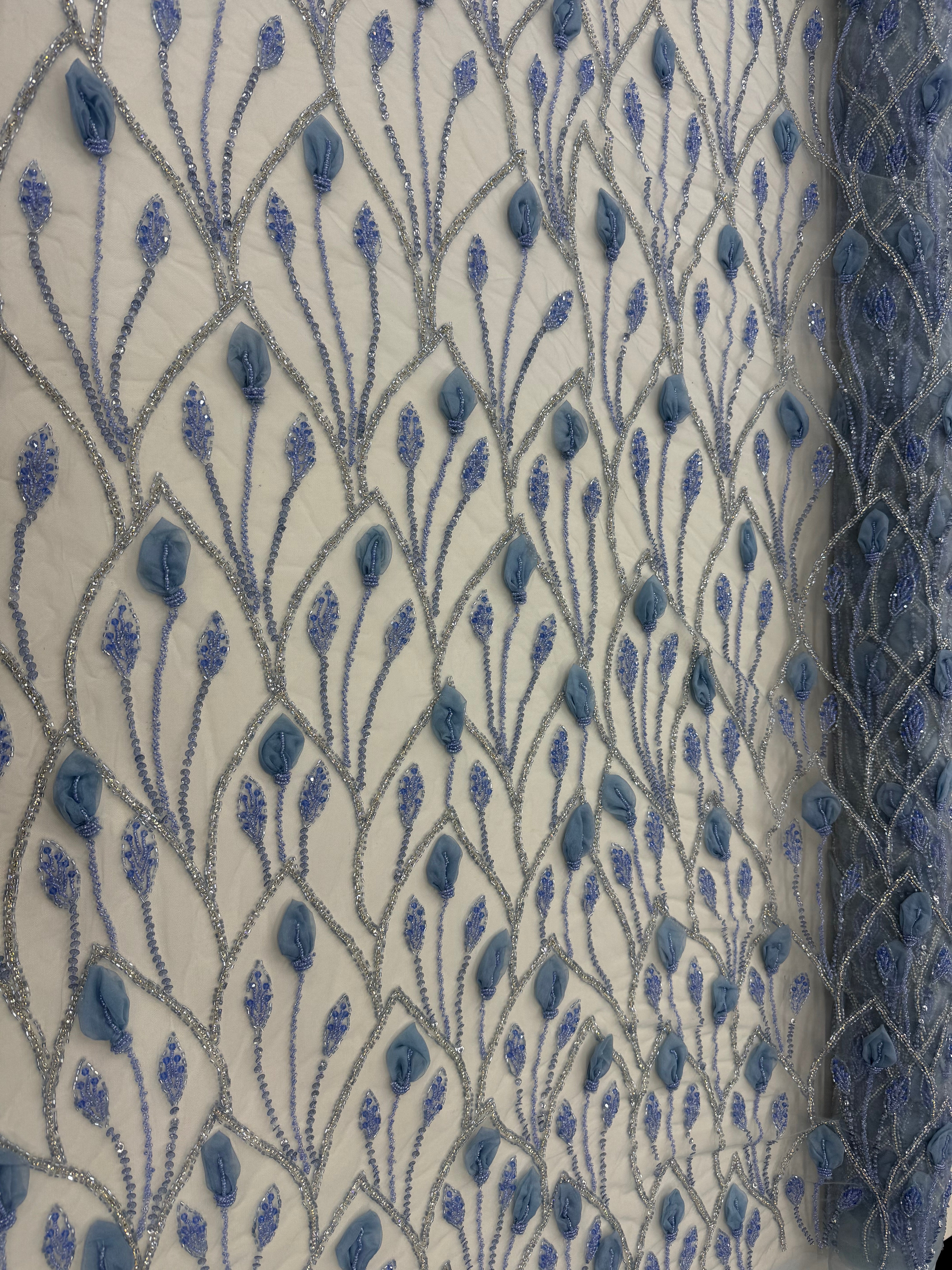 Broderie Bleu cu Aplicatii Florale 3D si Margele Couture 140cm/la metru  K2107