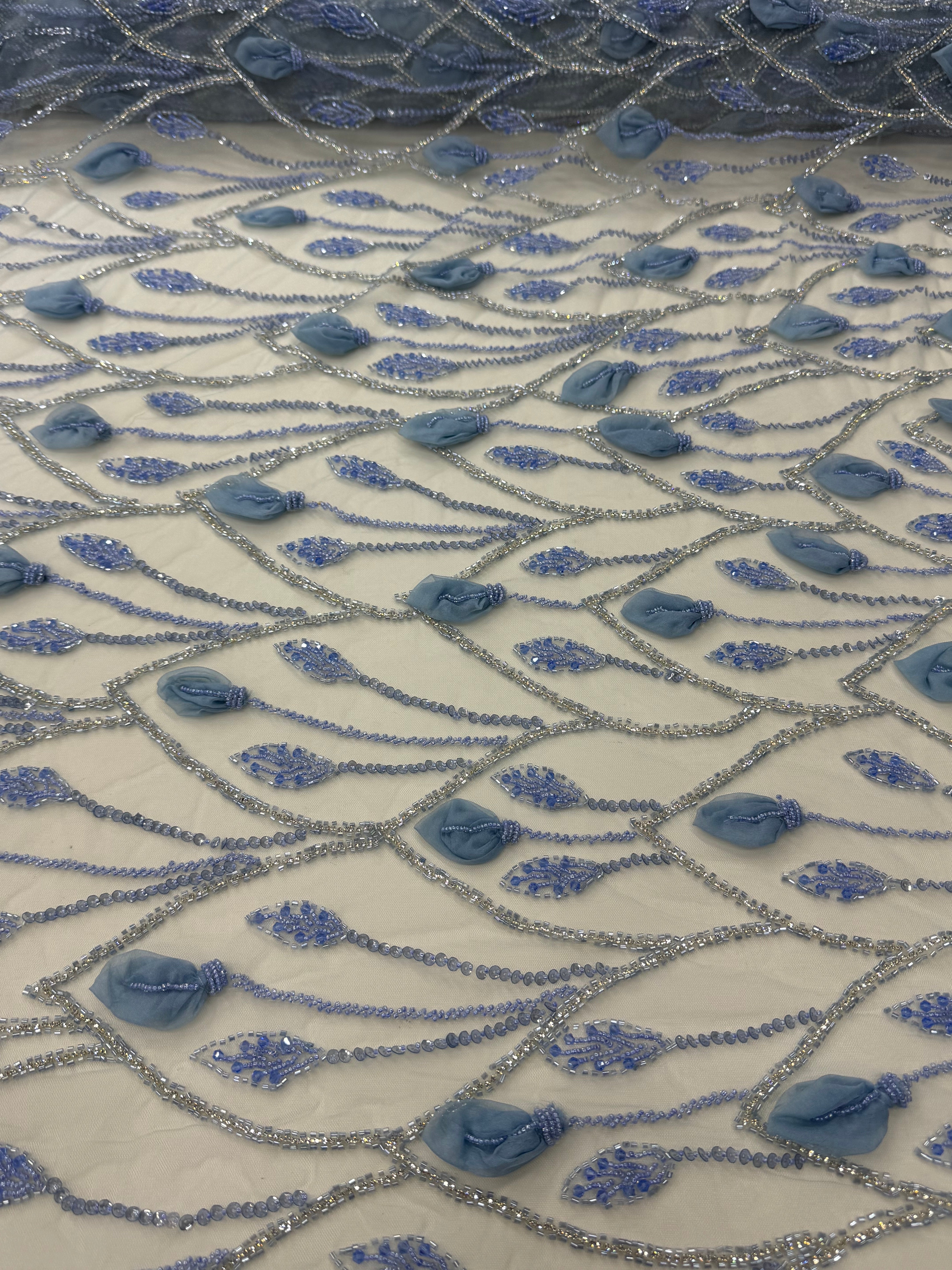 Broderie Bleu cu Aplicatii Florale 3D si Margele Couture 140cm/la metru  K2107