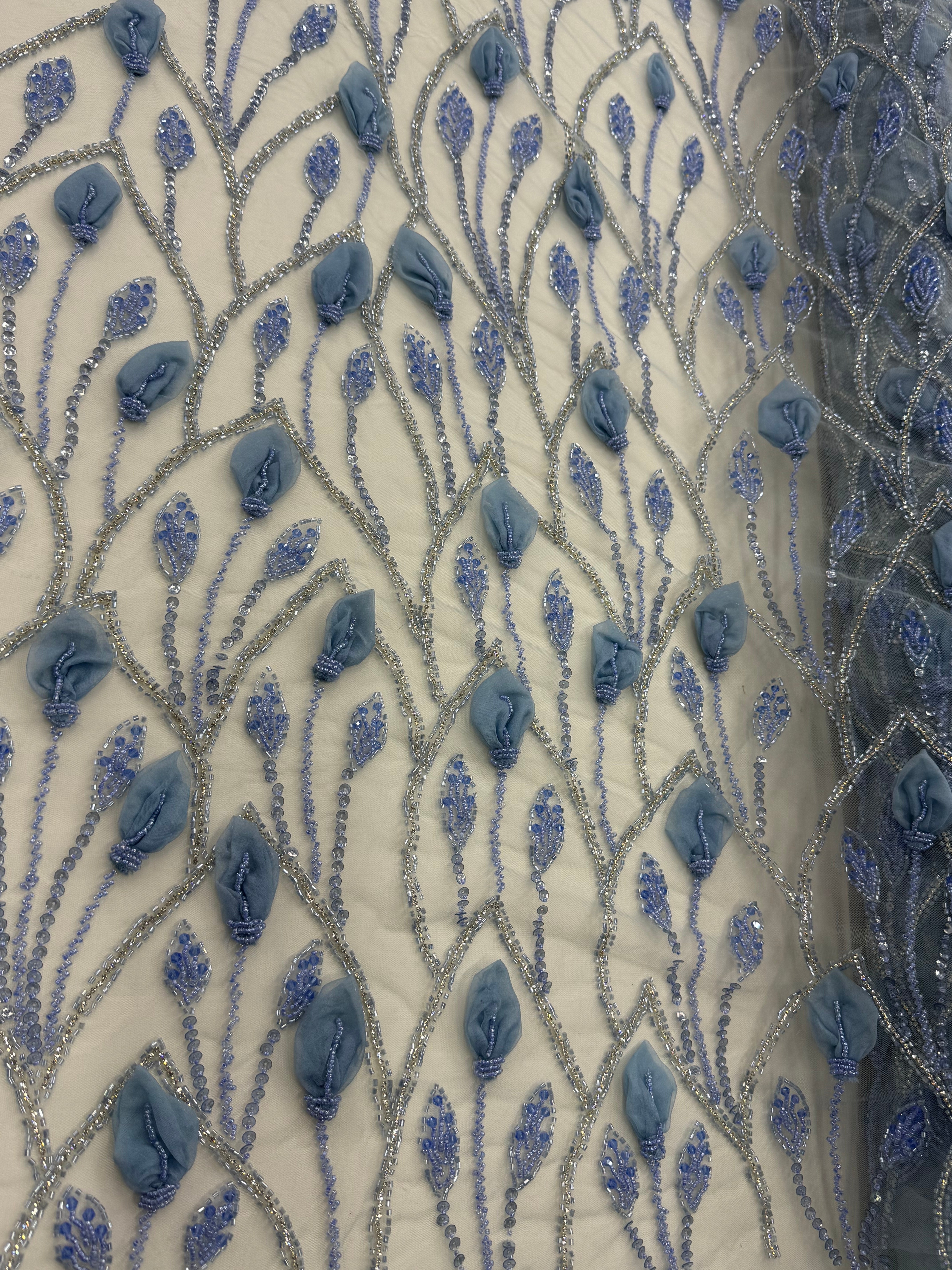 Broderie Bleu cu Aplicatii Florale 3D si Margele Couture 140cm/la metru  K2107