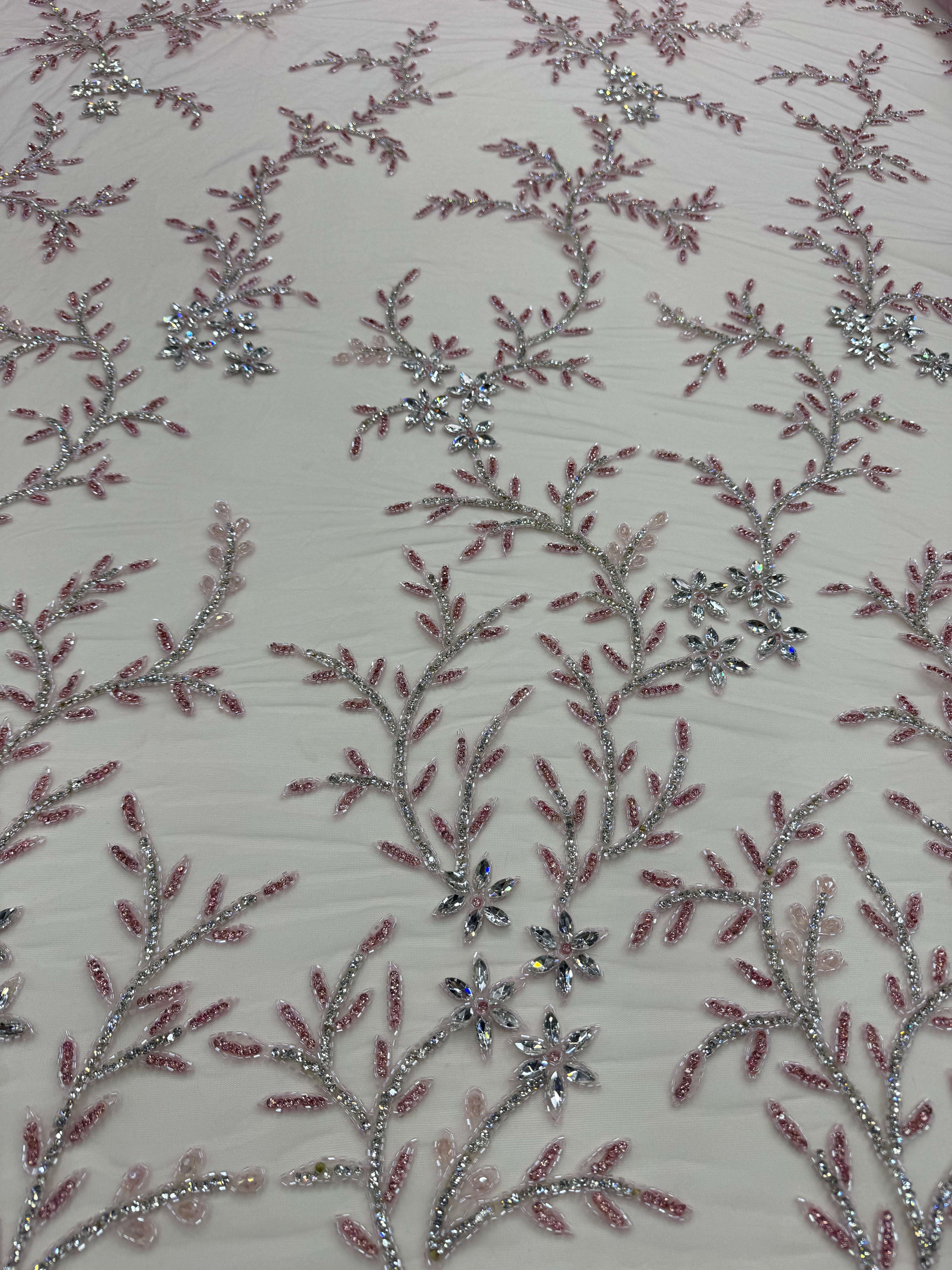 Broderie pe Tul cu Cristale Roz Pudra  – Material pentru Rochii de Ocazie, 140 cm/la metru J1 3382