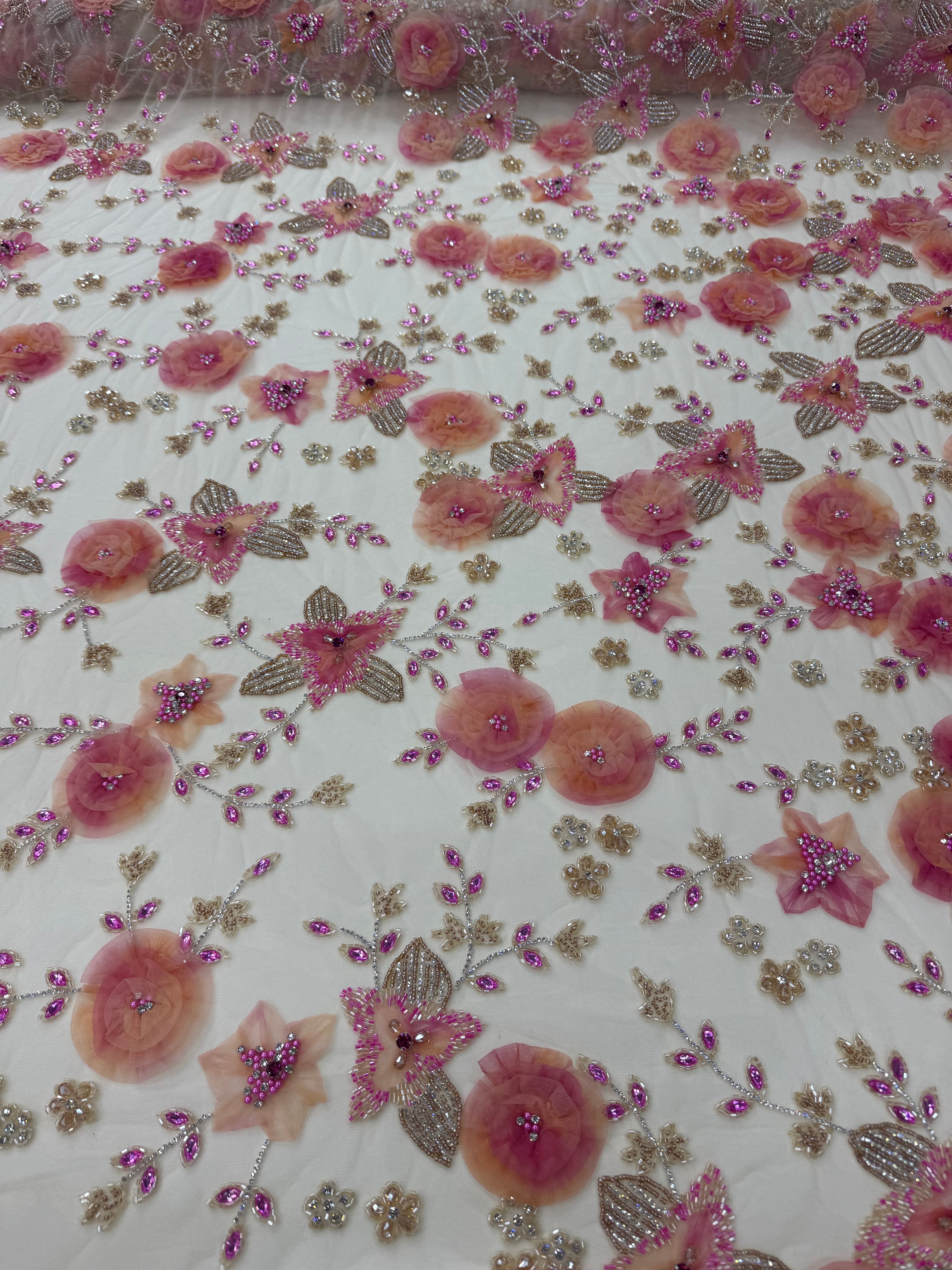 Broderie Florala 3D pe Tul cu Aplicatii si Margele Luxury 140cm/K2036