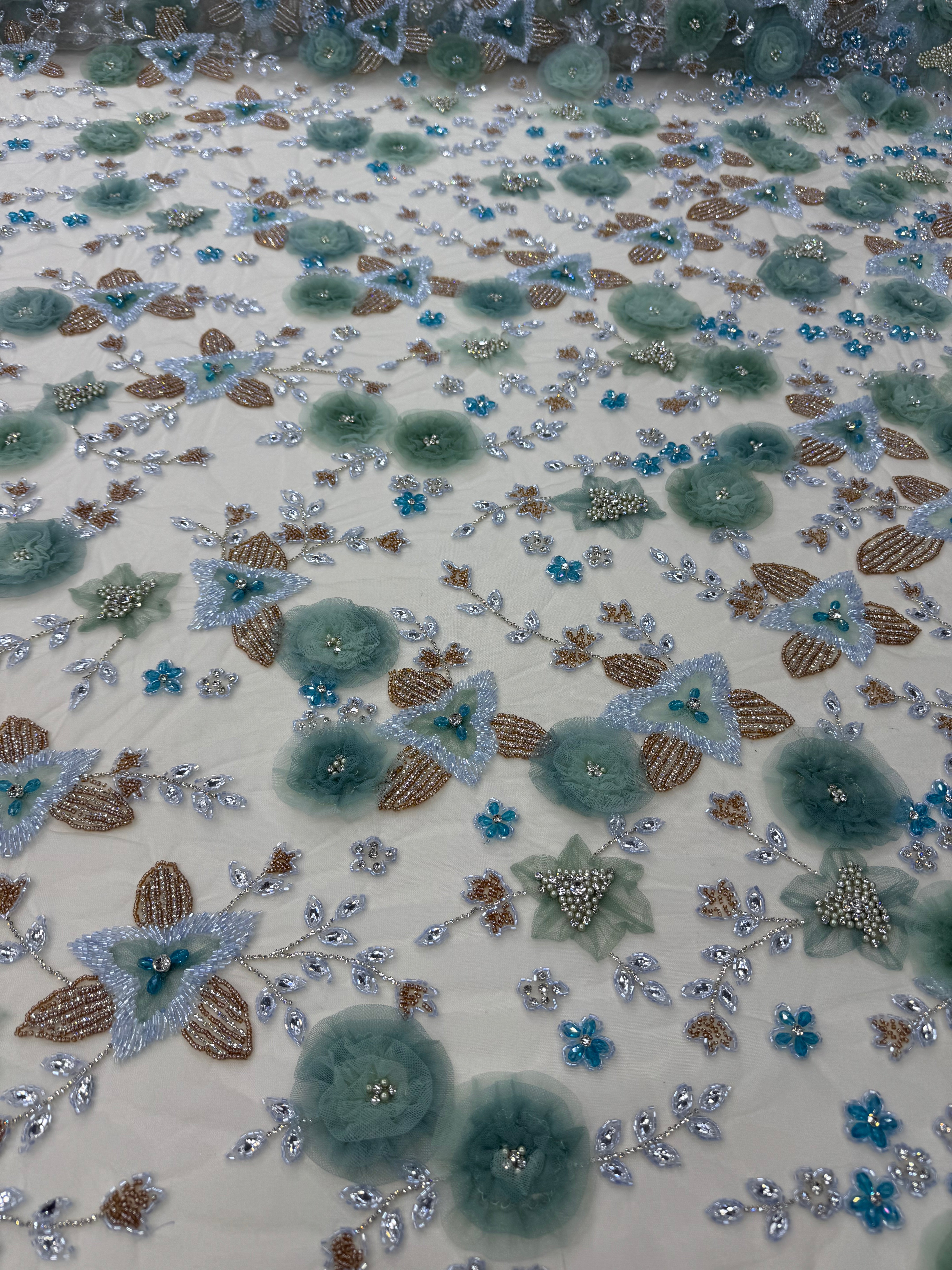 Broderie Florala 3D pe Tul cu Aplicatii si Margele Luxury 140cm/K2036