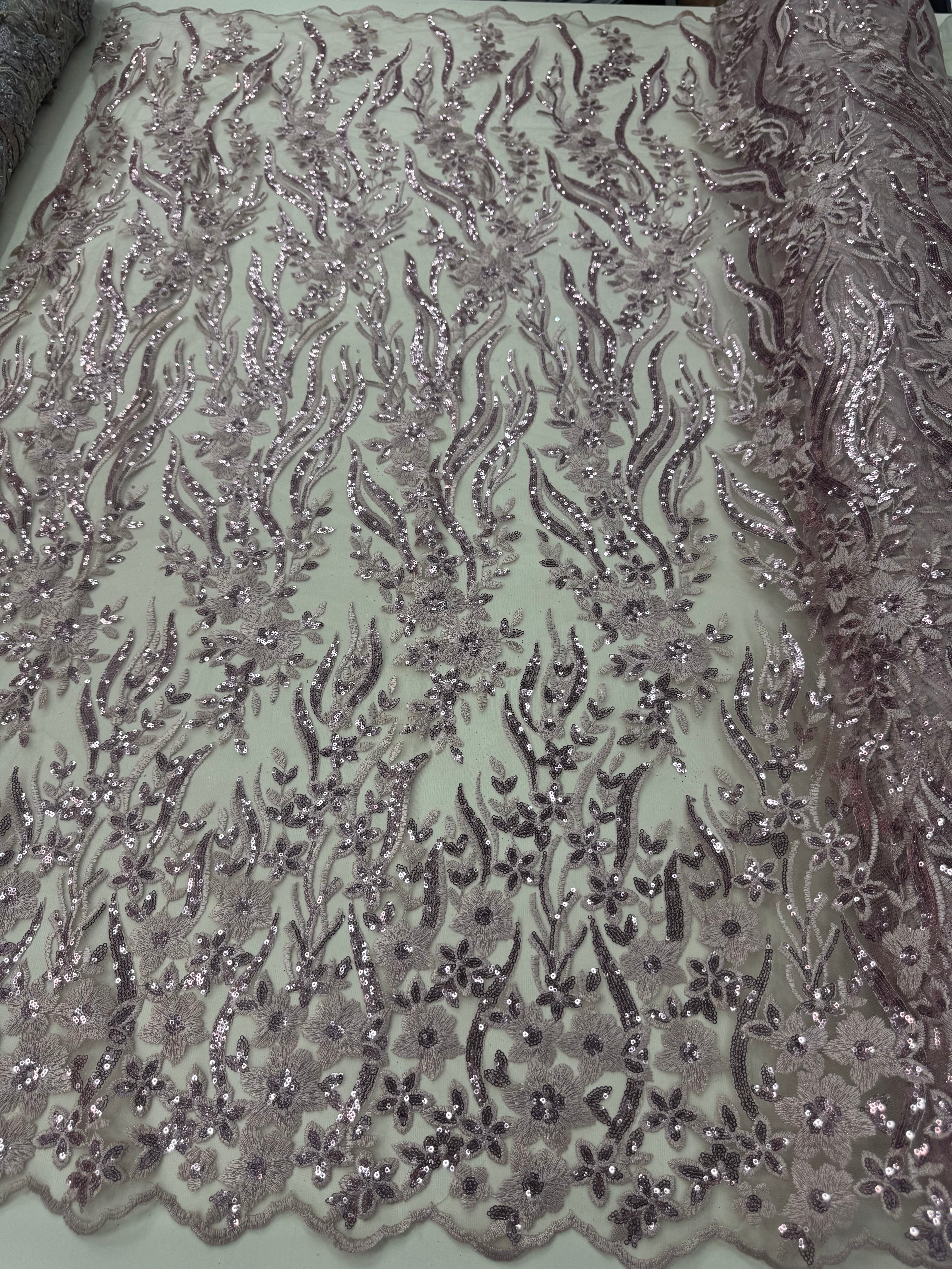 Broderie premium lila pudrat cu paiete – material elegant pentru rochii de seara