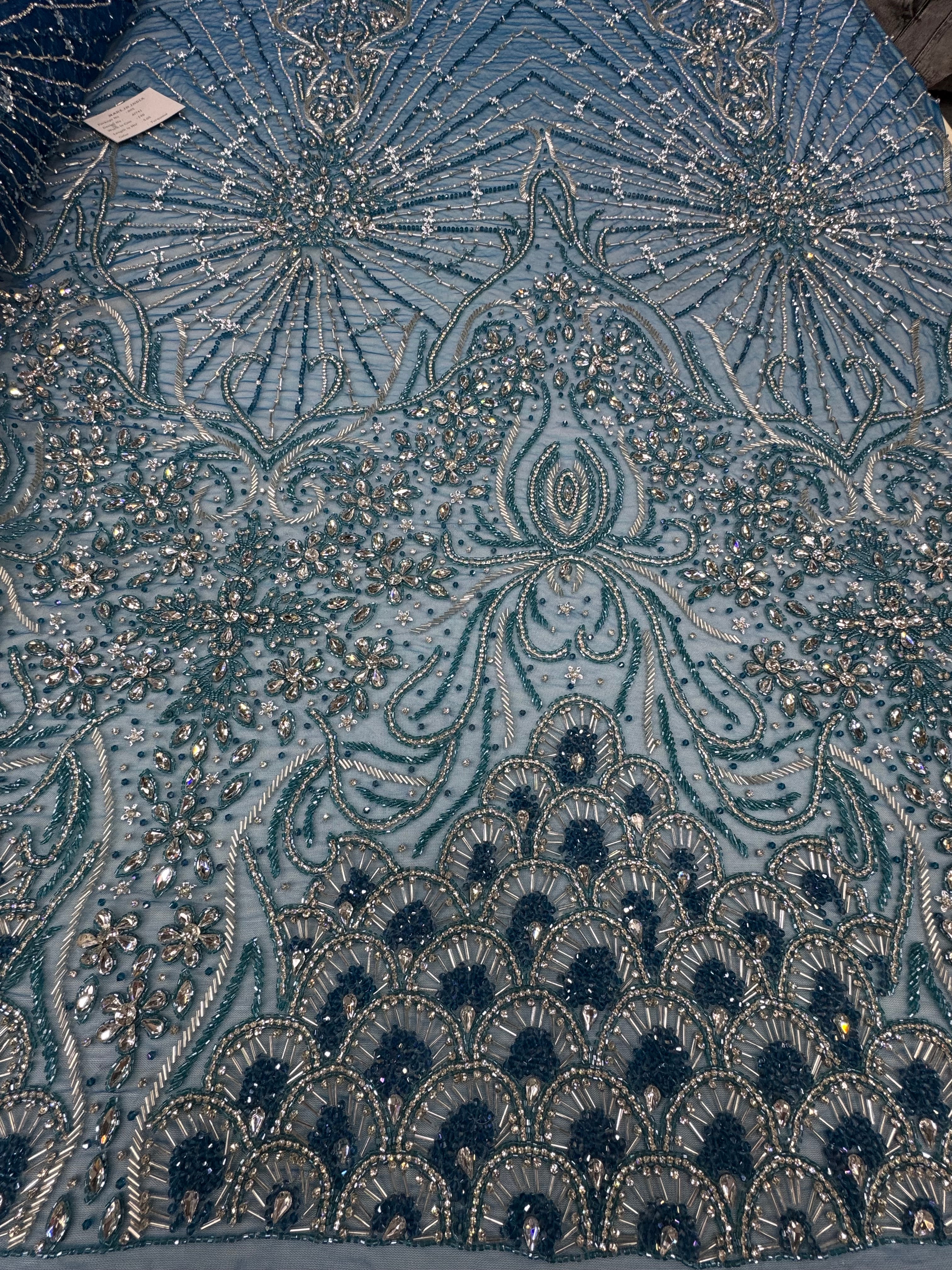 Broderie pe tul turcoaz Model AI741, latime 140 cm, cu cristale, margele si paiete premium