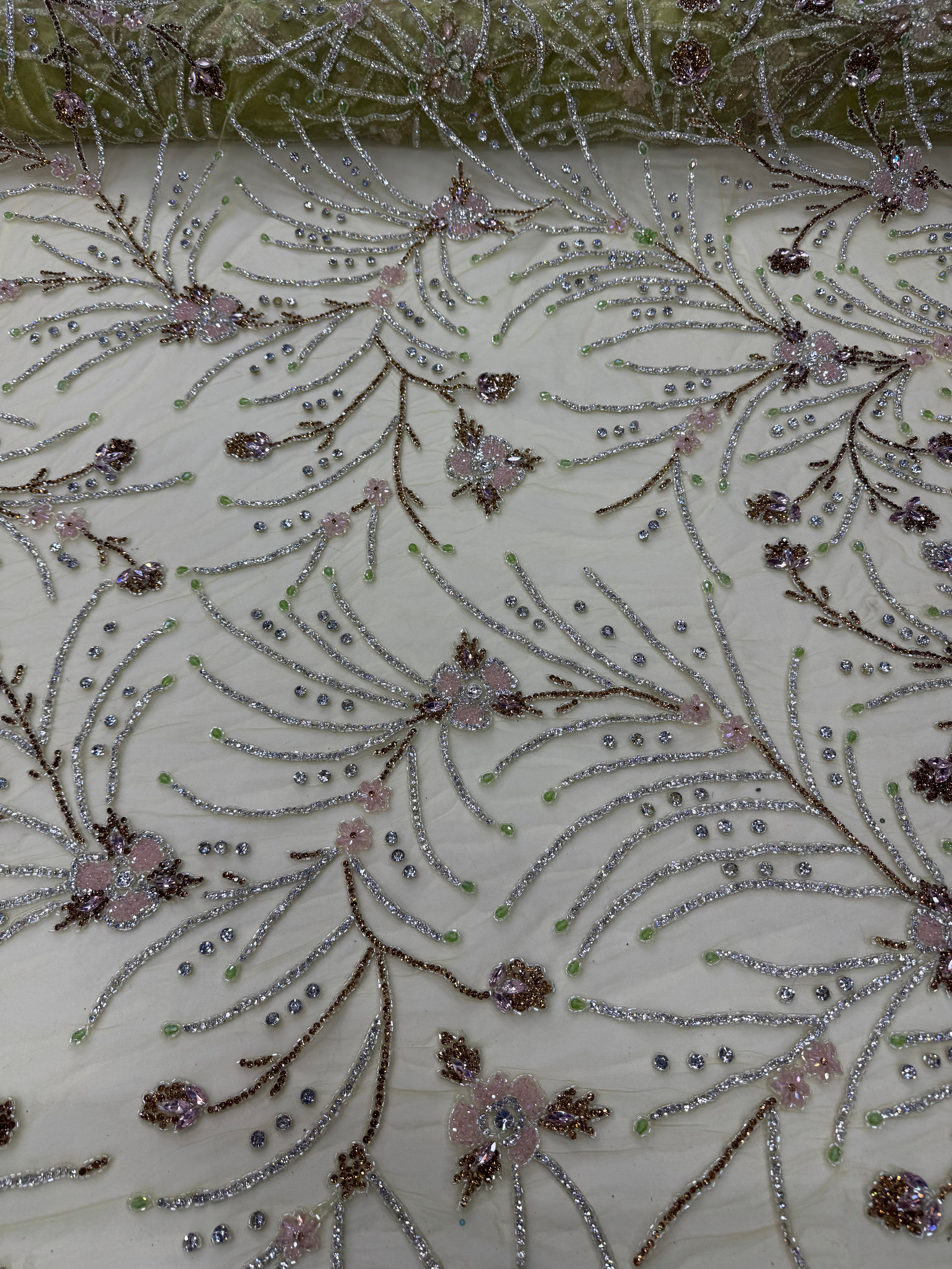Broderie pe tul verde pastel Model P56743, latime 140 cm, cu cristale, margele si flori 3D premium.