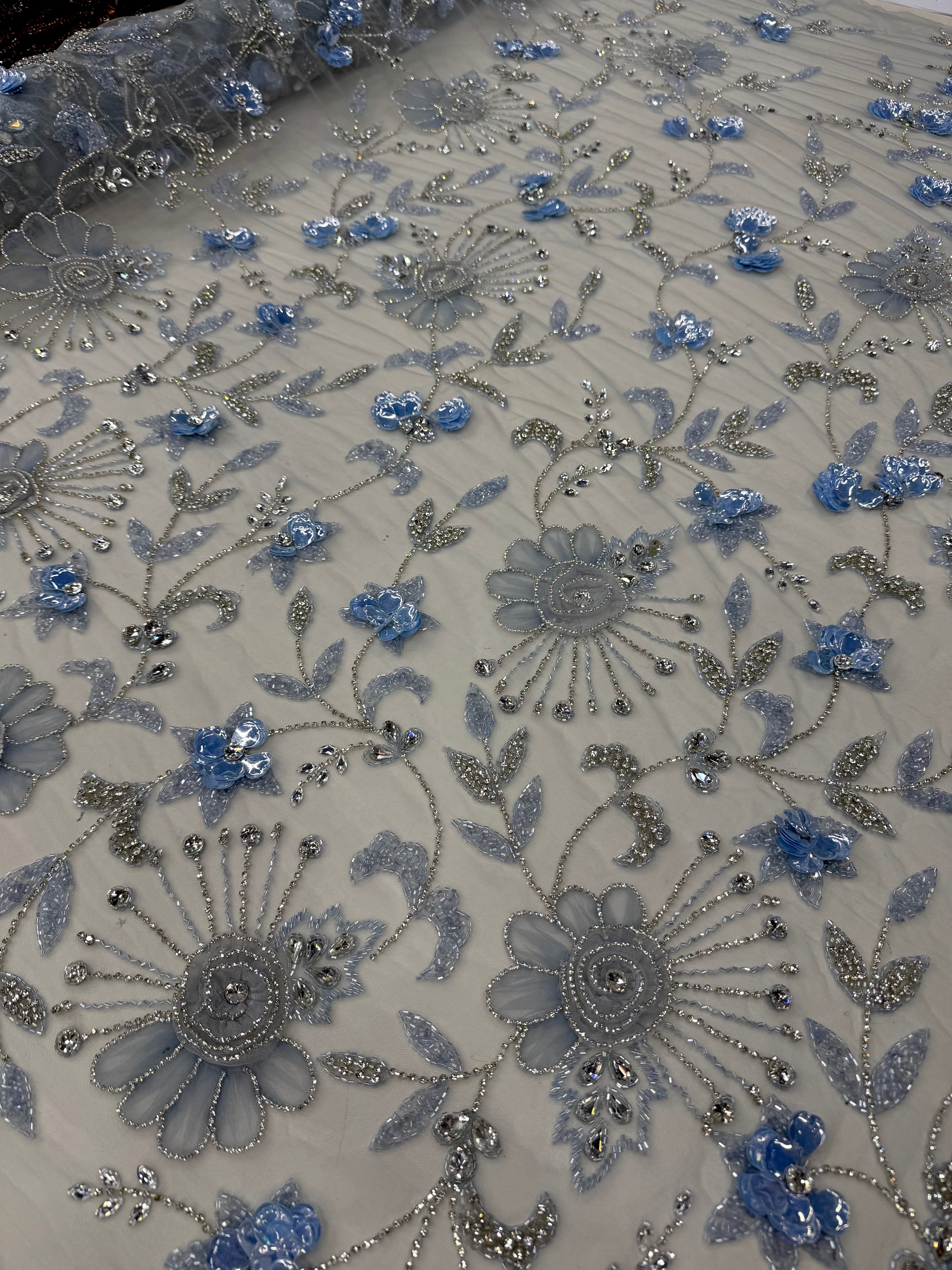 Broderie pe tul bleu Model K2205, latime 140 cm, cu flori 3D, cristale si margele premium