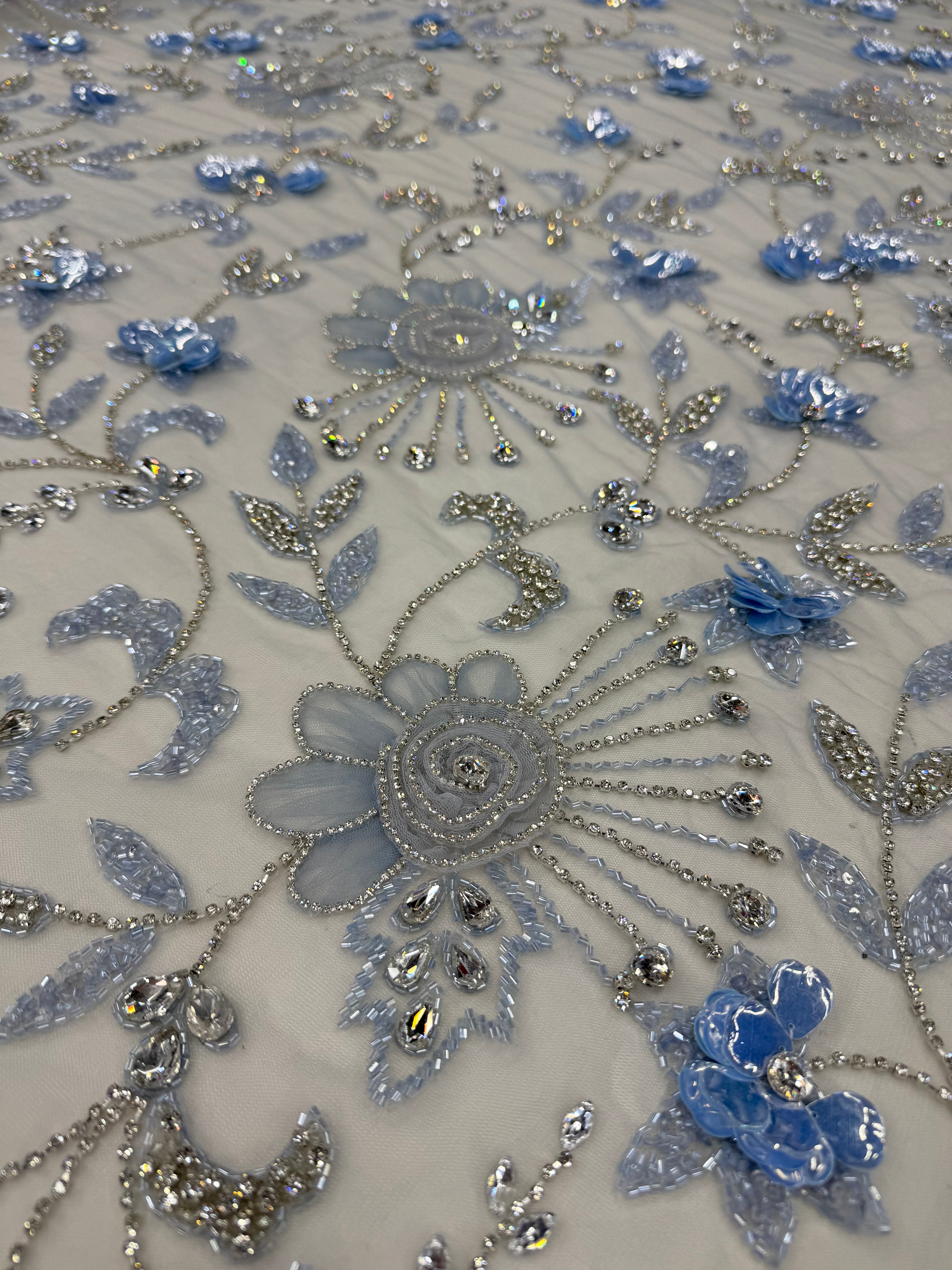Broderie pe tul bleu Model K2205, latime 140 cm, cu flori 3D, cristale si margele premium